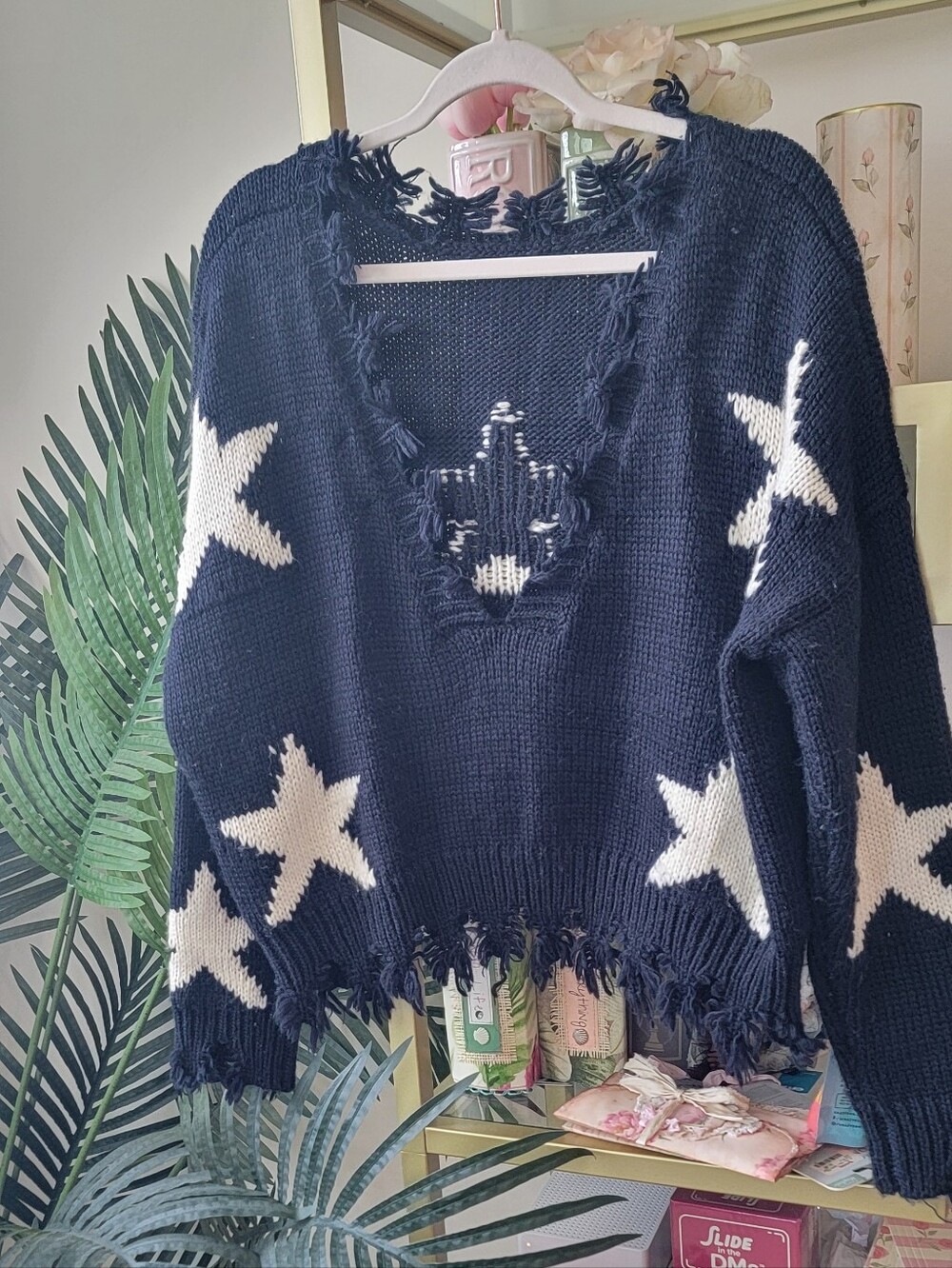 Vestique Navy Blue And White Fringe Sweater - Women's Size Small